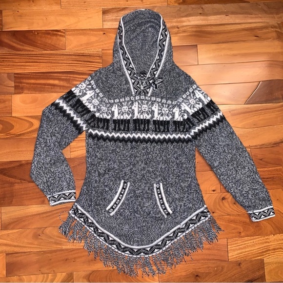 Peruvian Alpaca Sweater Pullover Tribal Fringe Hooded - Picture 5 of 11